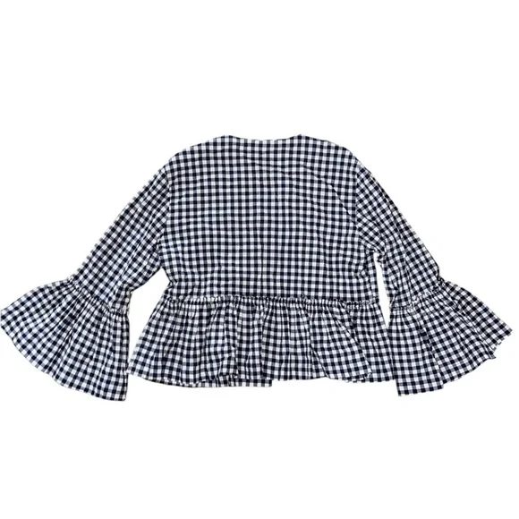 Félicité Gingham open front navy and white. 3/4 bell sleeves. - Picture 4 of 5